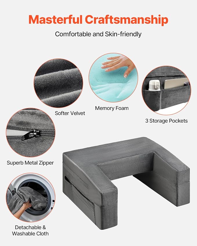 VEVOR Reading Pillow for Gaming, Extra Large Lap Desk Pillow with Pockets and Cup Holder, Laptop Pillow with Memory Foam Bed Rest, Bed Pillow for Sitting Up for Gaming, Reading, Resting, Working, Grey - Image 4