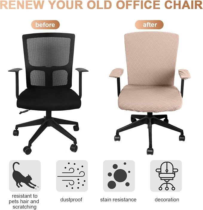 Tallew 4 Pcs Office Chair Covers Set Computer Universal Protective Stretchable Chair Seat Covers Desk Armrest Slipcovers Pads Office Cushion Backrest for Rotating(Camel) - Image 3