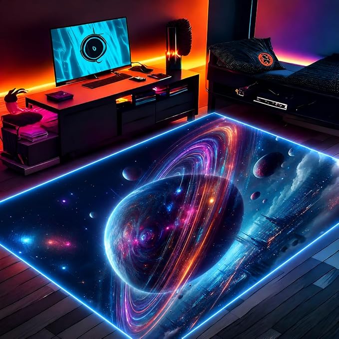 Gaming Rug RGB LED Light (3x5 Cosmic Ring) - Bedroom Gamer Rug Floor Mat Gaming Decor - Kids Room Rug Anti Slip Mat for Gamer Chair – Play Game Room Décor for Teen, Boys, Kids by DEALZOOM