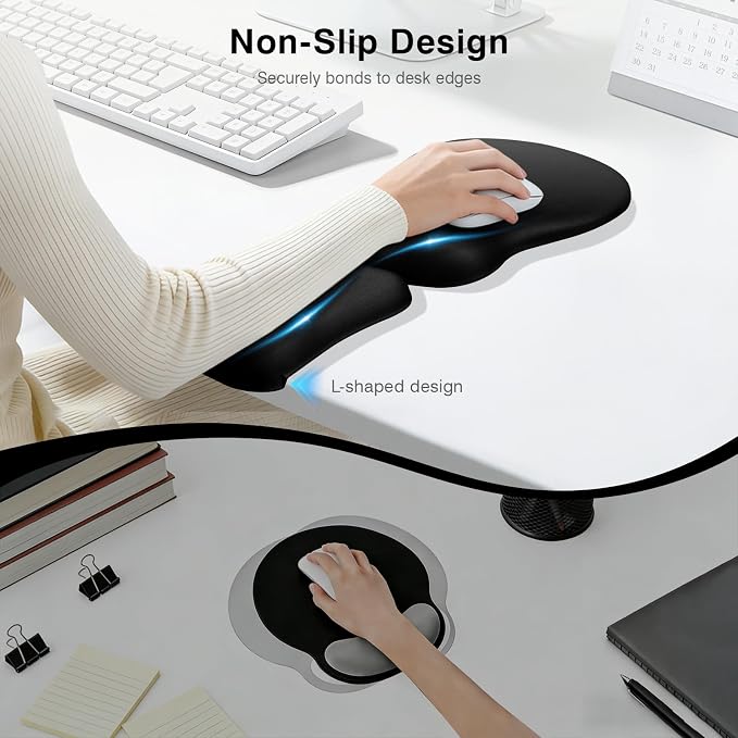 Ospelelf Mouse Pad with Wrist Rest Set Foam L-Shaped Desk Elbow Pad Ergonomic Desk Edge Cushion Anti-Slip Rubber Bottom Office Women Desk Accessories for Computer, Laptop and Gaming, Black - Image 5