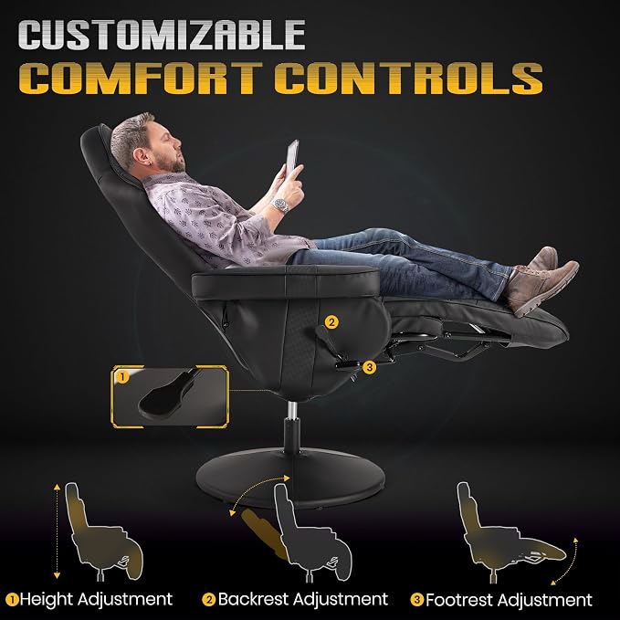 Massage Gaming Recliner Chair with Cup Holder & Side Pockets – Ergonomic PU Leather Video Gaming Chair with Footrest, Manual Recline, Headrest & Lumbar Support for Office or Game Room (Black) - Image 4