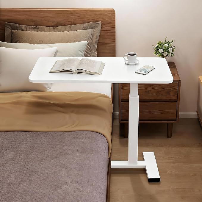 Large Pneumatic Hospital Bed Table,Hidden Wheels Adjustable Height C-Shaped End Table,Overbed Bedside Table with Wheels, Side Table for Sofa & Bedside(15.8''Wx31.5'D'x37.1''H,White) by Unknown