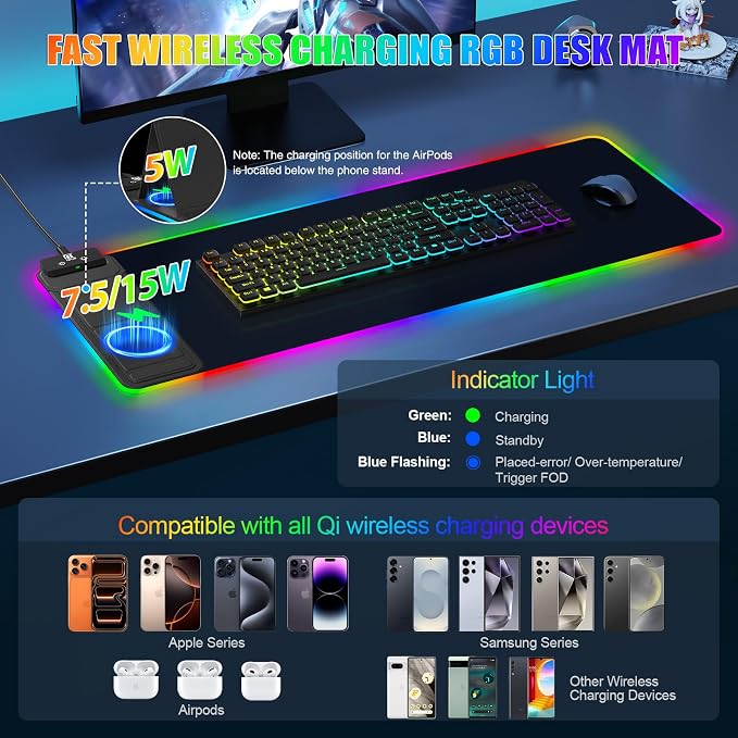Mouse Pad with Foldable Phone Holder & Wireless Charger, XL RGB Gaming Mousepad 31.5"x11.8" Large Desk Mat for Keyboard, Home Desk Pad with Dual Qi Charging Station | 11 Colors & 5 Modes | Waterproof - Image 2