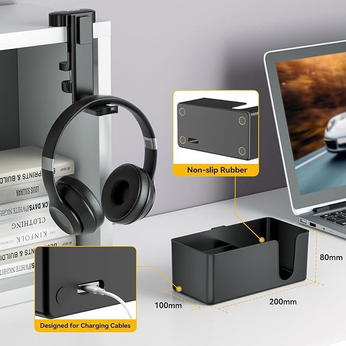 KDD 4 in 1 Desk Cup Holder - Clamp on Under Desk Headphone Hanger - Rotating Headphone Holder Detachable Pen Cup Holder Desktop Storage for Cup, Phone and Pen(Black) - Image 4