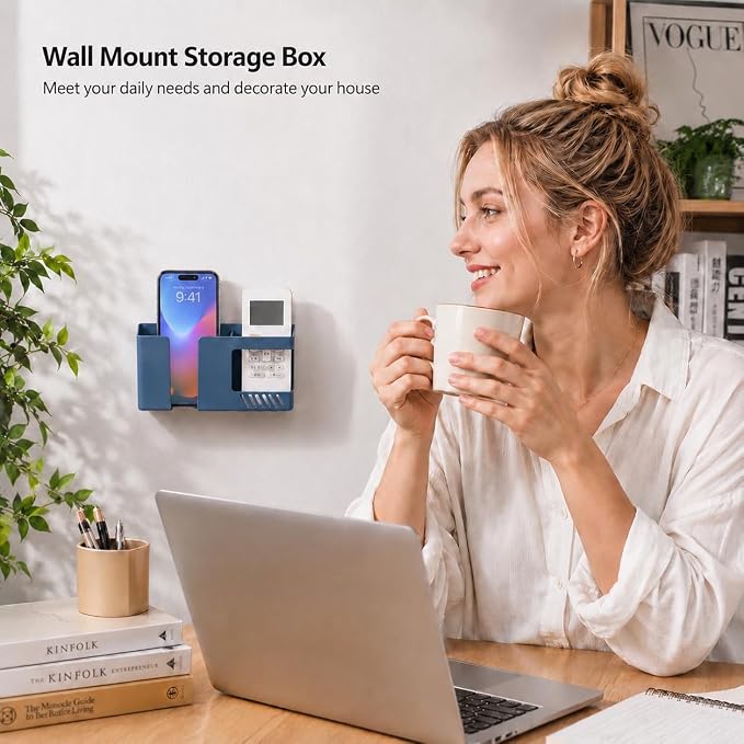Strong Adhesive Wall Mount Phone Holder D3 Punch-Free Bedside Phone Shelf with Charging Port, Sticky Remote Control Storage Box, Bathroom & Kitchen Wall Organizer (Blue) - Image 4