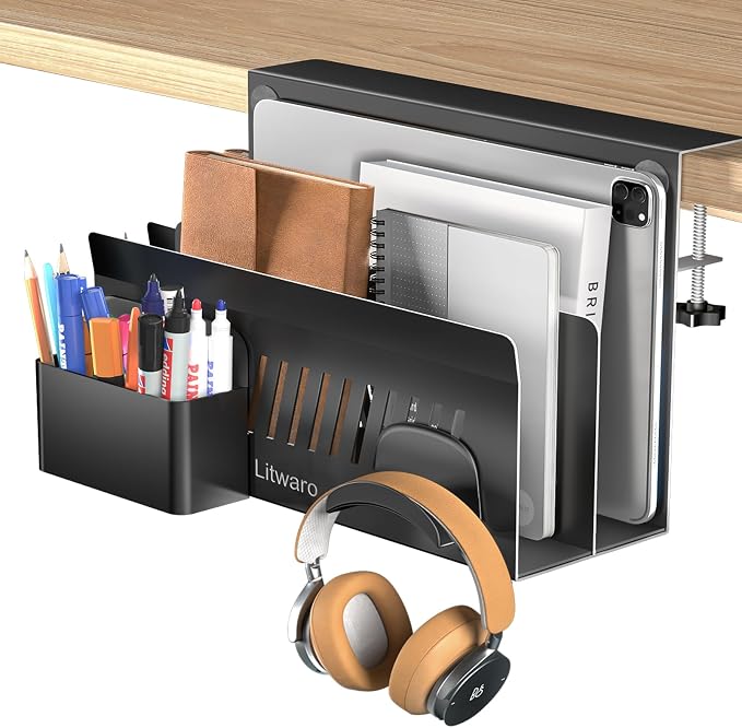 Litwaro Desk Side Storage Organizer, 2 Tier Laptop Holder Clamp on Desk Organizer, No Drill Laptop Mount with Magnetic Pen Holder, Hanging Desk Organizer Fits Flat Edge Table 0.4" to 2.1" (Black) by Litwaro