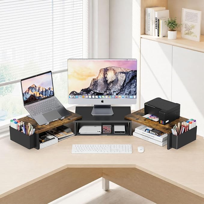 AUPSEN Dual Monitor Riser with Pen Holder, Wood Metal Computer Monitor Stand for Desk, Desk Organizers and Accessories for Office Supplies, Laptop, Desktop, TV and More (Brown) - Image 2