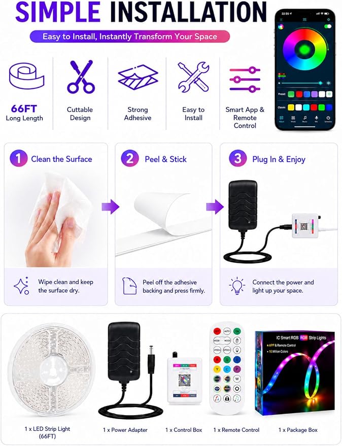 MFWW 66ft RGB+IC LED Strip Lights, LED Lights for Bedroom, Smart Control - Image 9