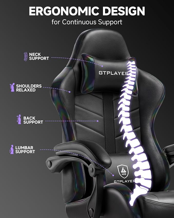 GTPLAYER Gaming Chair, Computer Game Chair for Adults, Colorful Black | Ergonomic Comfort Video Game Chair with Footrest 90-155°Recline, Head Lumbar Support & Height Adjustable for Office Gaming - Image 5
