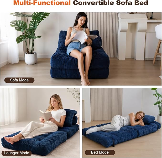King Oasis Folding Sofa Bed, Corduroy Chair Bed with Pillows | 3-in-1 Fold Out Floor Sofa Couch with Headrest and Lumbar Pillows，for Living Room, Bedroom, Apartment, Dorm, Navy Blue - Image 3