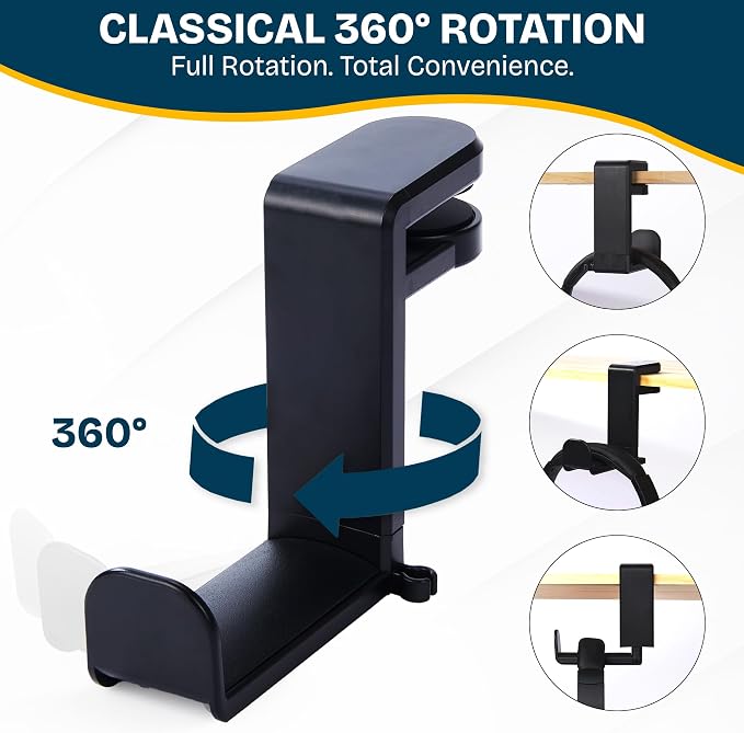 Headphone Stand for Desk - Clamp-On Headset Holder with 360° Rotating Hook | Universal fit, built-in cable management, space-saving clamp design, sturdy support for gaming, office & studio headsets - Image 3