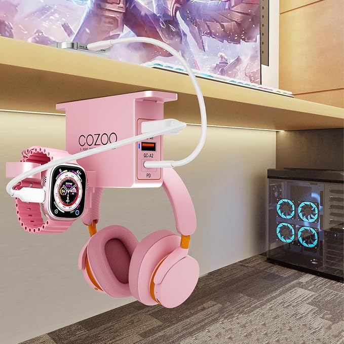 cozoo Desk Headphone Holder Hook Headset Watch Cable Bag Storage Pink | 2 USB-A & 1 Type-C Ports; Holds Headphones,Watches, Cables, Various Bags,Multifunctional Desk Storage Hook for Gaming Office - Image 6