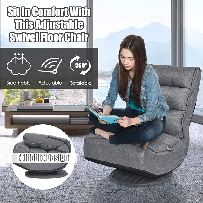 Giantex 360 Degree Swivel Floor Chair, Folding Floor Gaming Chair with 6 Positions Adjustable, Lazy Sofa Lounge Chair w/Tufted Back Support, Video Gaming Chair for Reading TV Watching (Gray) - Image 6