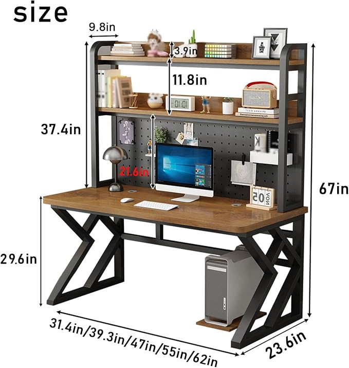 55in Gaming Desk with Bookshelf, Pegboard & Storage Shelves | Spacious Sturdy Large Writing Table ，with Desktop Shelves & Ample Leg Room – Ideal Home Office PC Gamer Workstation Desk - Image 2