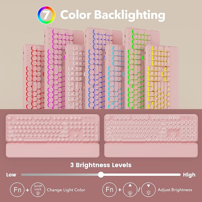 Rechargeable Backlit Wireless Keyboard and Mouse Combo, Retro Typewriter Keyboard with Magnetic Wrist Rest, Light Up Letters, 2.4GHz Cordless Connection for Mac, Windows PC, Laptop (Glowing Pink) - Image 2