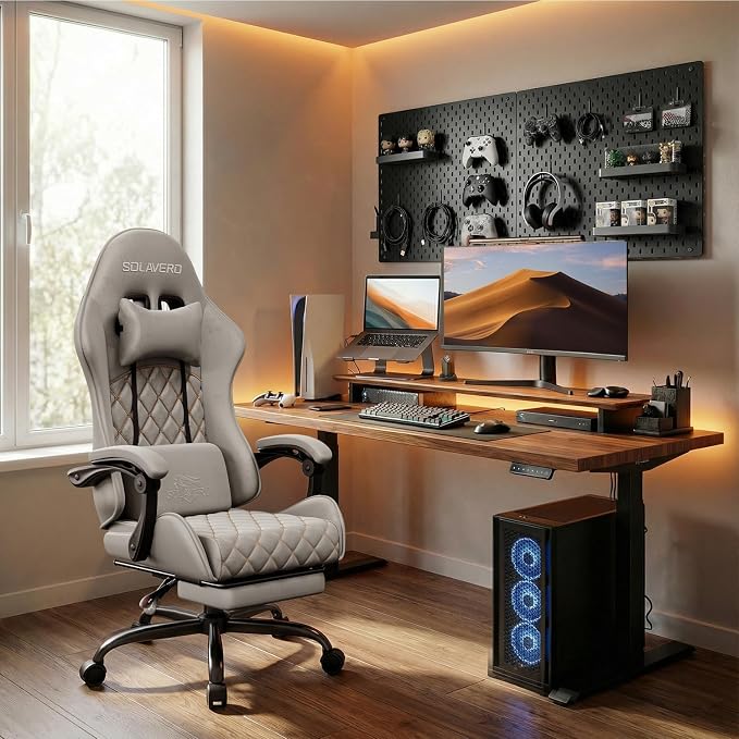 HLDIRECT Massage Recliner Gaming Chair with Footrest for Adults, Light Grey | 300lbs Capacity, Ergonomic Office Computer Chair, Lumbar Support, Breathable Fabric, Headrest, 360° Swivel, Metal Frame - Image 2