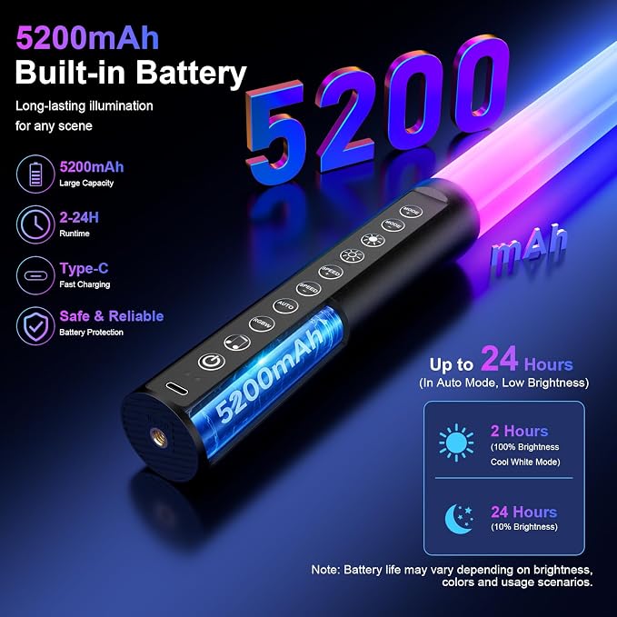 4 Pack RGB Tube Lights with Tripod Stand, 4FT LED Video Light Bar, Music Sync, 5200mAh Rechargeable Battery, App & Remote Control, Dimmable RGB Photography Lighting for Streaming, DJ, Party - Image 4