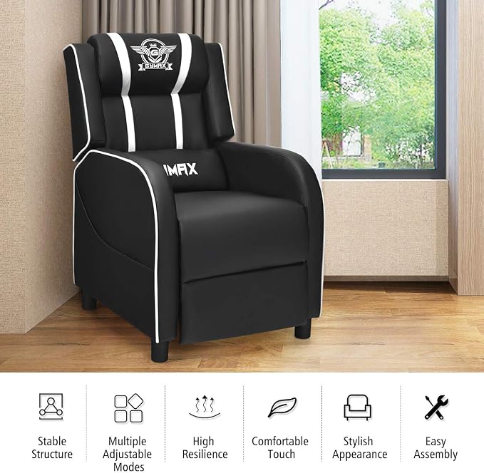 POWERSTONE Gaming Recliner Chair, Reclining Gaming Chairs for Adults Ergonomic Leather Sofa with Footrest Lumbar Support Headrest and Side Pouch for Living Room Home Theater, White - Image 8