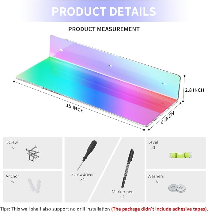 Sezanrpt 2 Pack Iridescent Acrylic Floating Shelves 15 Inches, Wall Hanging Bathroom Shelves, Wall Storage Shelf for Kitchen, Dining Room, Living Room, Bedroom, Bathroom, Retail, Supermarket - Image 2