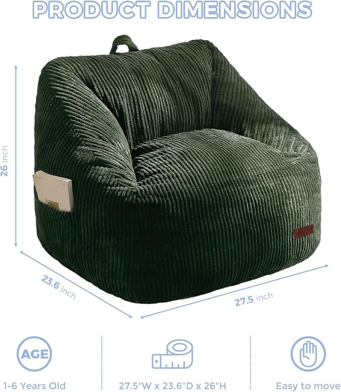 MAXYOYO Kids Bean Bag Chair, Convenient Bean Bag Sofa with Handle | Comfy Toddler Chair for Boys and Girls, Accent Sofa Chair with Pocket for Gaming Reading, Dark Green - Image 2