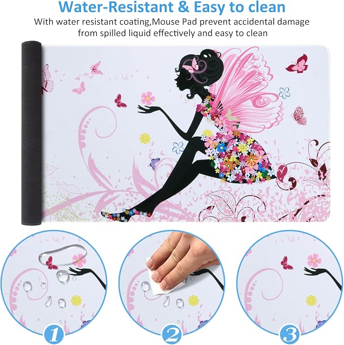 iCasso Extended Gaming Mouse Pad 35.4x15.7in,Game,Home,Butterfly Girl | Non-Slip Rubber Base Mousepad with Stitched Edges,Waterproof Keyboard Mouse Mat Desk Pad for Work Office - Image 3