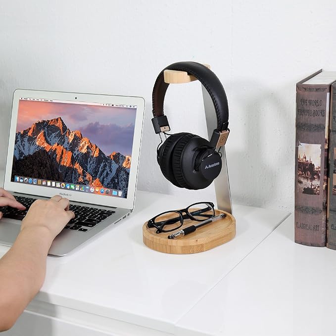 Avantree TR902 - Wood and Aluminum Headphone Stand with Cable Holder | Sturdy wooden and aluminum desktop stand displays headphones securely and. - Image 3