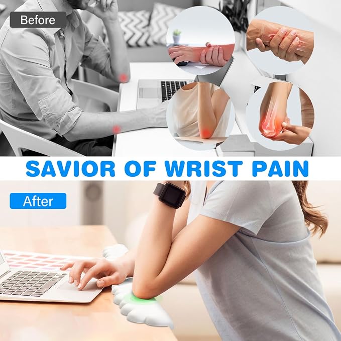 JIKIOU L-Shaped Desk Elbow Pad for Desk,Memory Foam Elbow Support Pad 2Pack | Massage Design, Cute Cloud Shape, Waterproof Leather Surface, Non-slip Rubber Base, Ergonomic Cushion for Pain Relief, White - Image 5