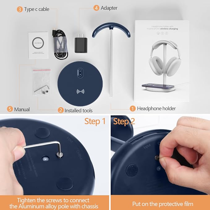 Miroddi Headphone Stand with Wireless Charger, Independent USB Charging Port, 5 in 1 Charging Station Headset Holder Rack for iWatch, iPhone, Samsung and Desk All Headphones, Dark Blue - Image 8
