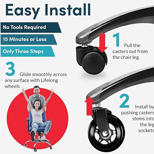 Lifelong Office Chair Wheels Replacement, Heavy Duty, 5-Pack, 98% Fits | Original Rubber Caster, Desk Wheels, Smooth & Quiet, Safe for Hardwood Floors & Carpet, Replace Office Chair Mats - Image 3
