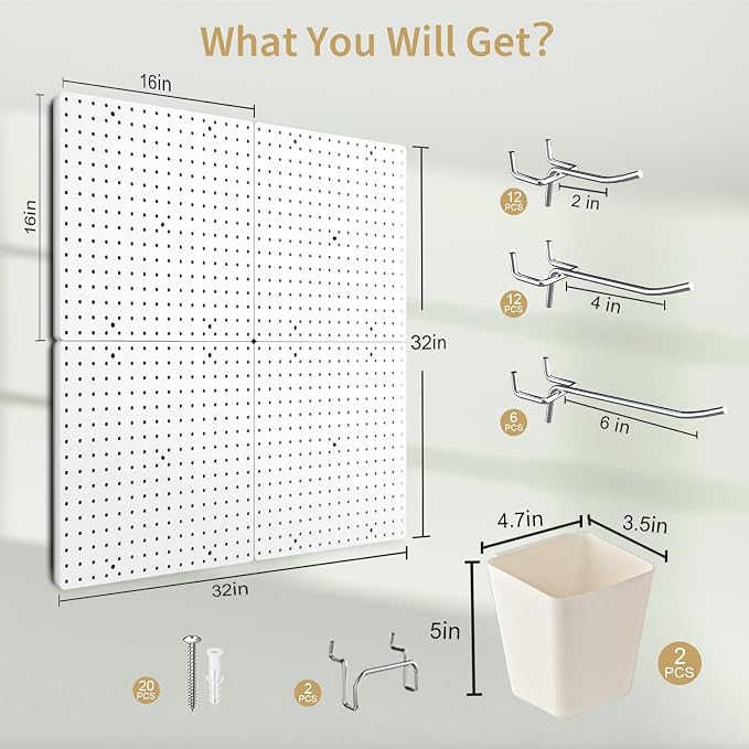FZK Modular Plastic Peg Board Wall Organizer Kit, 16x16, White | Features 33 storage accessories, heavy duty 200 pounds capacity, suitable for craft room, kitchen and office wall - Image 2