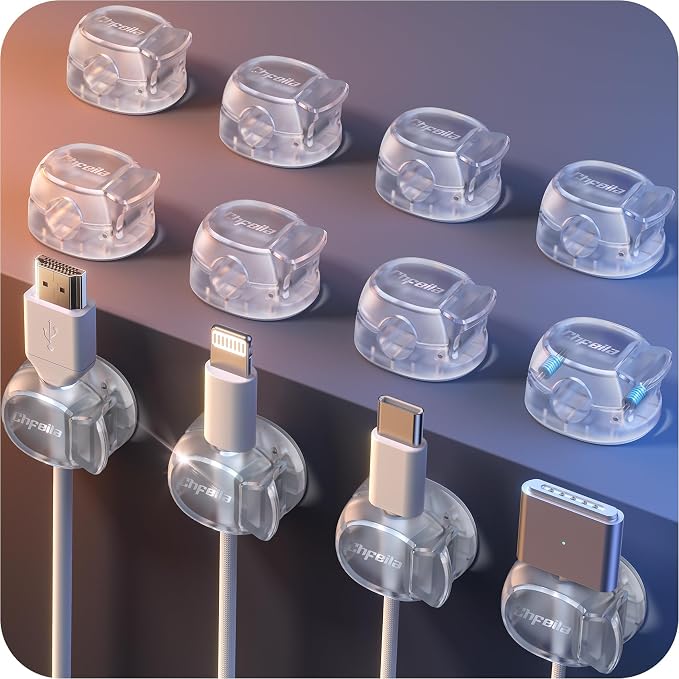 12Pack Cable Clips - Chfeila Latest Dual Spring Cord Organizer with Clasp Lock, [Max Stability] Desk Cable Management, Adhesive Phone Charging Wire Holder for Nightstand/Car/Wall, Office Accessory by Chfeila