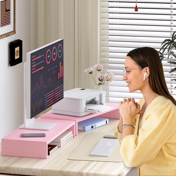 TEAMIX 2 Pack Pink Monitor Riser-20L inch, Cute Monitor Stand for Desk, Wood Sturdy TV/Screen/PC/Printer/Laptop Riser, Computer Shelf with Storage Desktop Organizer for Home Office - Image 2