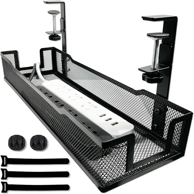 No Drill Under Desk Cable Management Tray with clamp-Premium Wire Tray Cord Organizer – Thin Steel Cable Tray Basket with Charger Holder for Desk–Black Cable Management Box–Easy to Install by BOUNASPACE