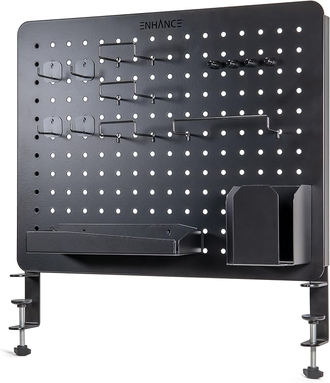 ENHANCE Metal Pegboard Desk Organizer (18 x 14 in) Clamp On Desk Peg Board with 14 Attachments, Pegboard Shelf and Pegboard Hooks, Desktop Organizer for Home Office, Crafts, or Gaming Setups by ENHANCEGaming