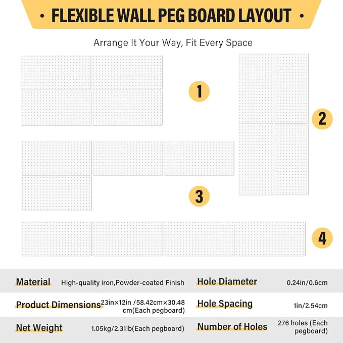DEWEL 4 Pack White Metal Pegboard, 23x12 Inch Wall Organizer Kit with Hooks - Image 9