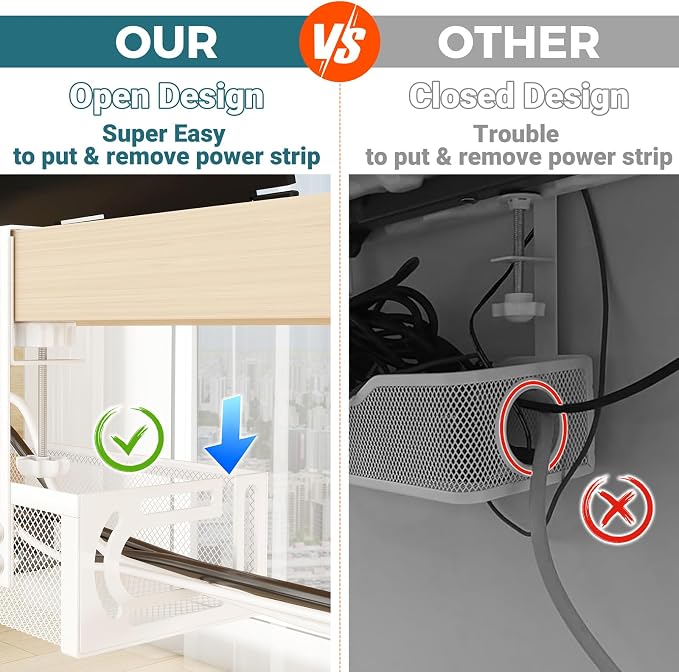 Cable Management Under Desk, 25.3'' No Drill Desk Cable Management Tray with Clamp, Metal Cord Organizer for Standing Desk, Computer Wire Management for Home Office & Gaming Setup, White - Image 8
