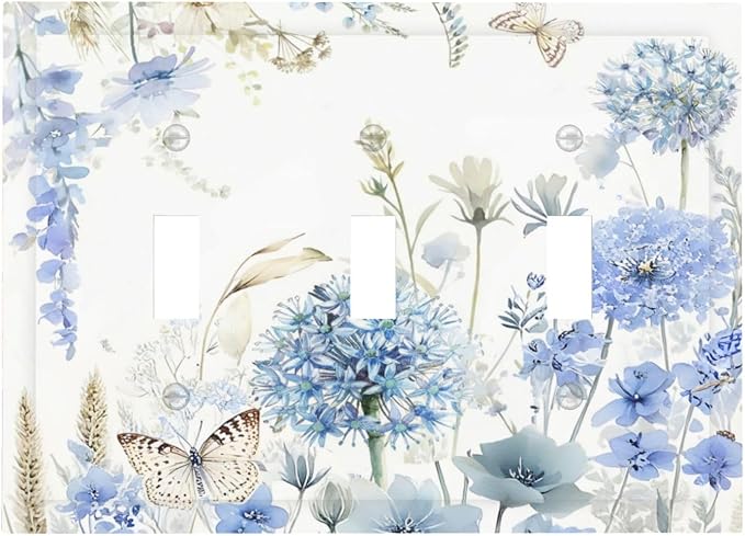 Decorative Light Switch Cover Plate Blue Floral Hydrangea Watercolor Wildflower 3 Gang Wall Plate Triple Toggle Switch Plate Covers 3 Hole Electrical Switchplate Dimmer Faceplate for Bathroom by JOOJIAO