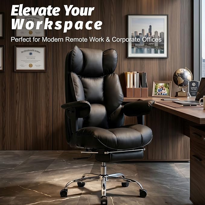 Efomao Executive Office Chair 400lbs, Black Big and Tall Desk Chair | Mattress-grade pocket spring cushion, sleek leather, 135° recline & footrest for computer gaming setup. - Image 4