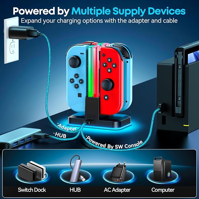 Switch Joycon Charger for SW 1 Model with 9 RGB Light Modes, Switch Controller Charger Stand with LED Indicators, SW Charging Dock Station for 4 Joycon Charging - Image 5