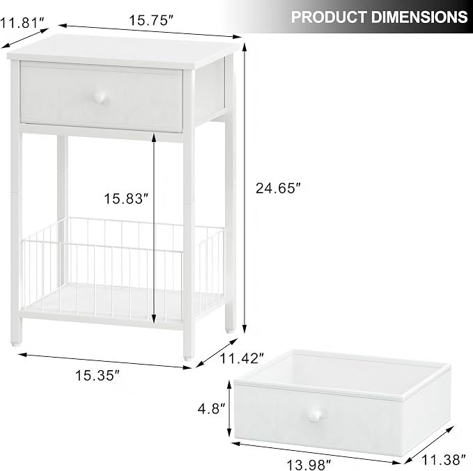 White Small nightstand, White Nightstand, Side Table for Small Spaces, 2 Tiers Storage Shelves End Table, Night Stand for Living Room, Bedroom, Dorm LNT0061W - Image 2