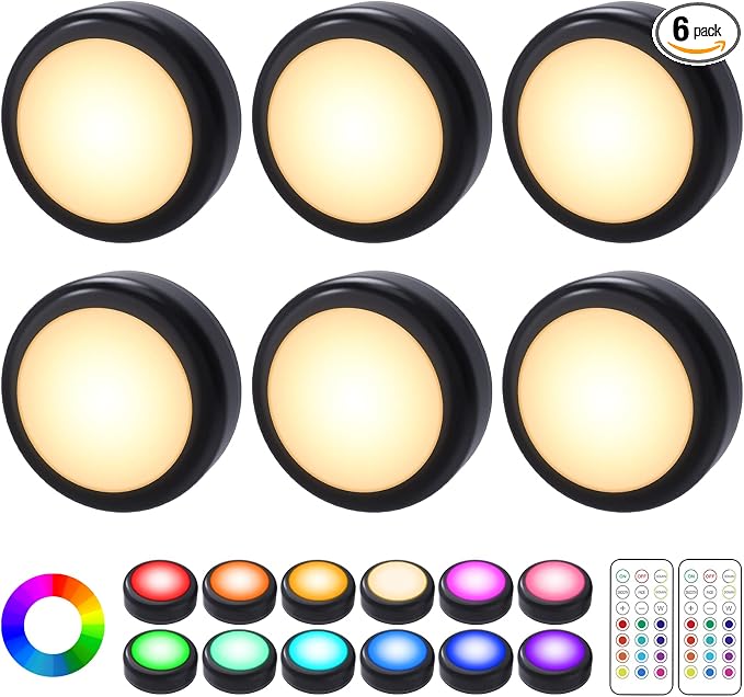 Cadrim Puck Lights, 6 Pack 13 Colors Changeable Under Cabinet Lamps, Led Lamps for Bedroom, LED Puck Lightings, Battery Powered Under Counter Light with 2 Wireless Remote Controls, Black by Cadrim