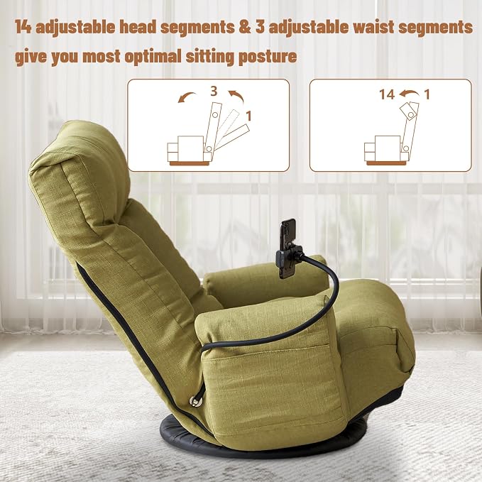360° Swivel Floor Green Gaming Chair Linen Folding Lounge Sofa Chair with Adjustable Head and Waist, Armrests & Phone Holder, Padded Cushion Leisure Chairs for Living Room Bedroom - Image 3