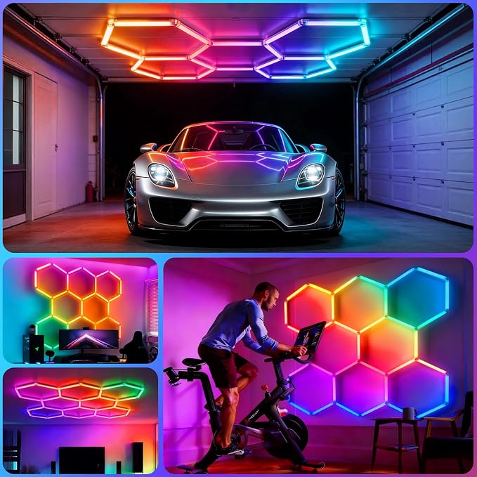 HYPERLITE Hexagon Garage Lights: Gen IV-8 Grid Hexagon LED Lights with Music Sync Mode, App & Remote Control, Multi-Color Honeycomb Light for Gaming Room, Gym, Garage - Image 9