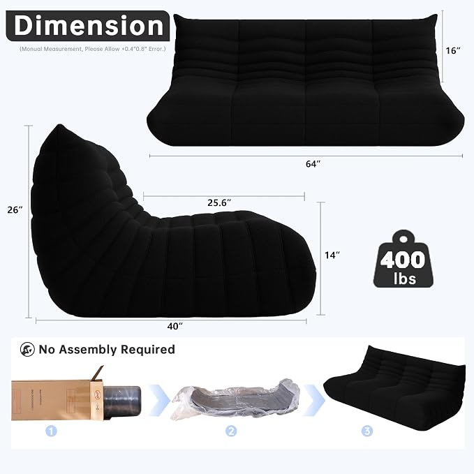 WHGBJA Oversized Bean Bag Chair for Adults with Memory Foam 3 Seater Couch | Floor Sofa Couch for Gaming, Reading, Bedroom, Living Room, Comfy, Boneless, Ergonomic - Image 2