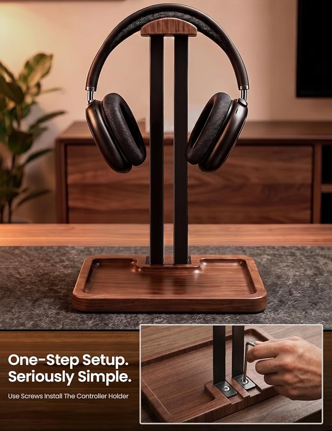 LOXP Wooden Headphone Holder, Solid Stand with Non-Slip and Storage Base | Anti-Rust Gravity Arm, Hardwood Earphone Hanger for Desk, Universal Fit for Gaming Headsets, Studio Headphones - Image 5