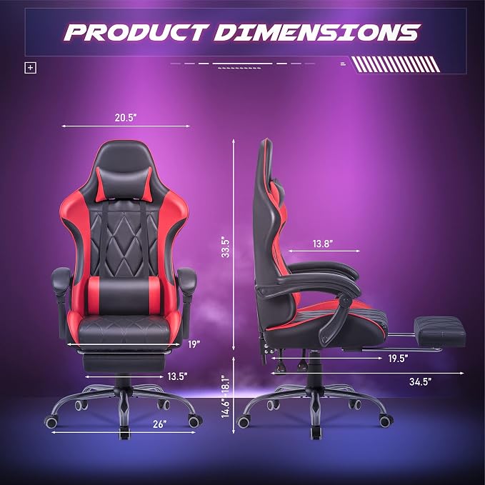Homall Gaming Chair, Computer Chair with Footrest and Massage Lumbar Support, Ergonomic High Back Video Game Chair with Swivel Seat and Headrest (Red) - Image 3