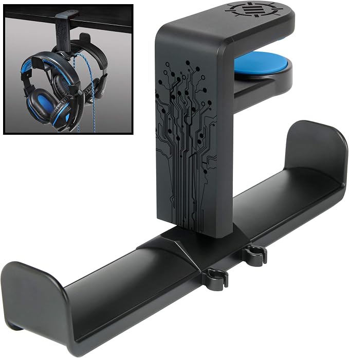 ENHANCE PC Gaming Dual Headphone Stand - Clip-On Desk Headphone Holder with Adjustable 360 Rotation, Under Desk Headset Holder, Universal Fit, & Double Cable Loops Organizer with Silicone Pads by ENHANCEGaming