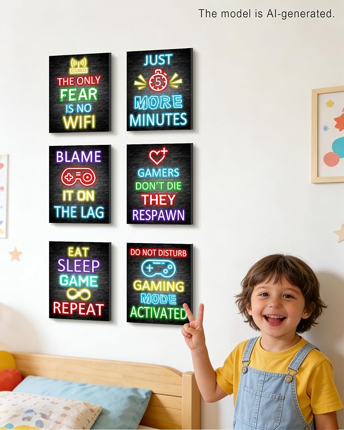 KUVIOKE Video Gamer Room Decor for Teen Boys Gaming Wall Art Gamer Neon Sign Teenage Bedroom Decor Ready to Hang Set of 6, 8x10in (Framed) - Image 7