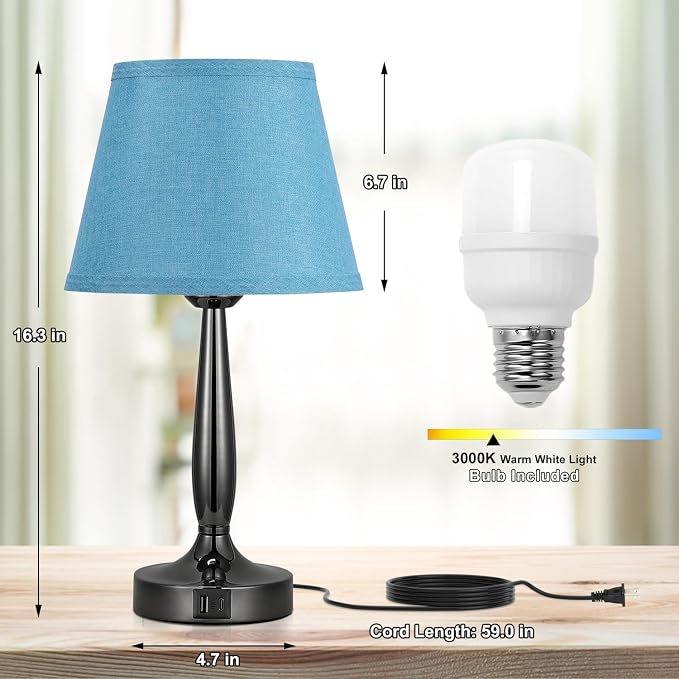 Touch Bedside Lamp for Bedroom with USB C Port, Small Touch Table Lamp with 2 USB Charging Ports, 3 Way Dimmable Nightstand Lamp for Living Room and Office - Turquoise Blue (LED Bulb Included) - Image 2
