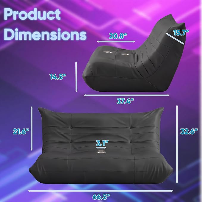 Homall Floor Gaming Chair Boneless Loveseat Couch, Ergonomic Floor Sofa Couch with Cup Holders, Leather Lazy Floor Lounger for Gaming, Reading, Relaxing, Watching TV (Black) - Image 2